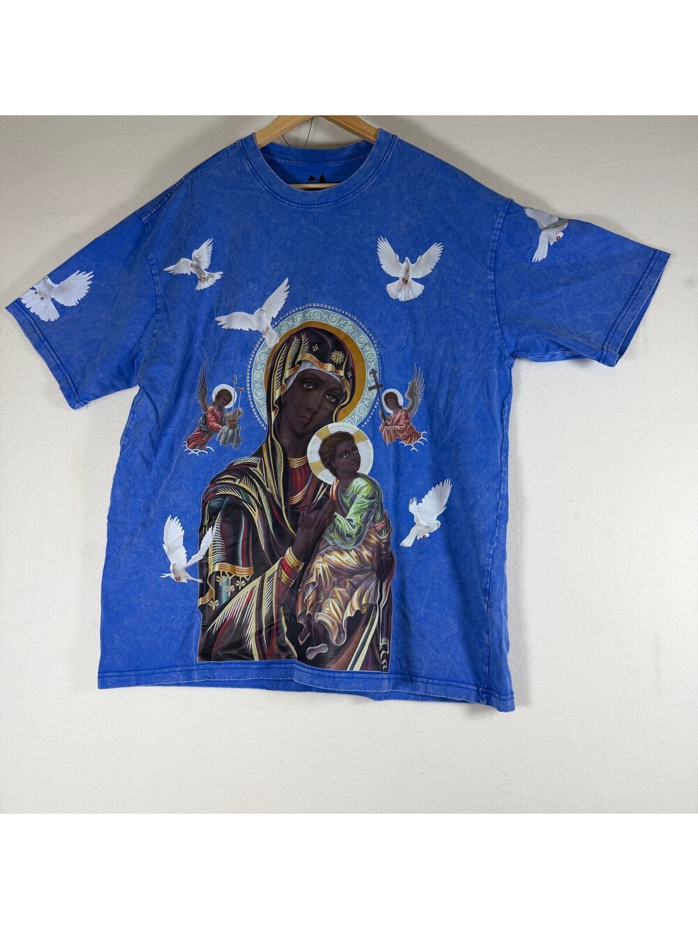 Noissey Men's Blue Acid Wash Religious Graphic T-Shirt Size XXL A-5